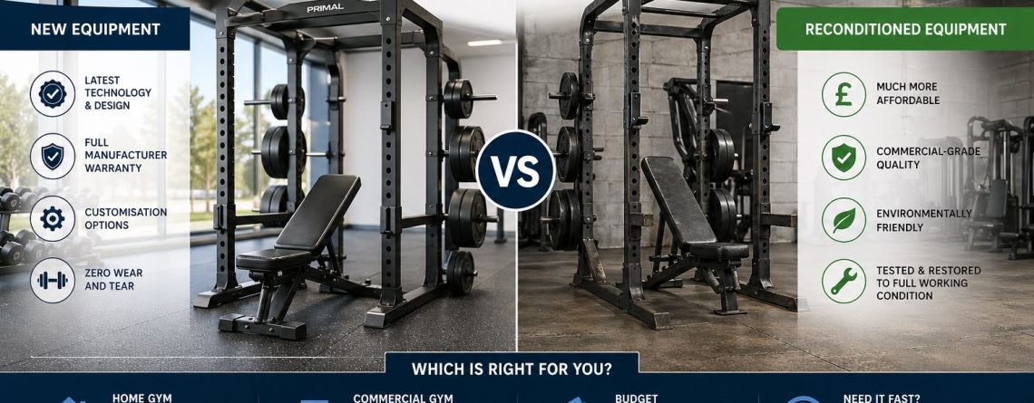 Comparison of new vs reconditioned gym equipment showing benefits, costs, and key differences for home and commercial gyms